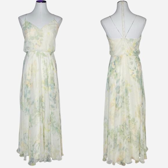 Jenny Yoo Collection Inesse V-neck Chiffon Gown Vintage Floral Ivory Sage Multi - Picture 10 of 10